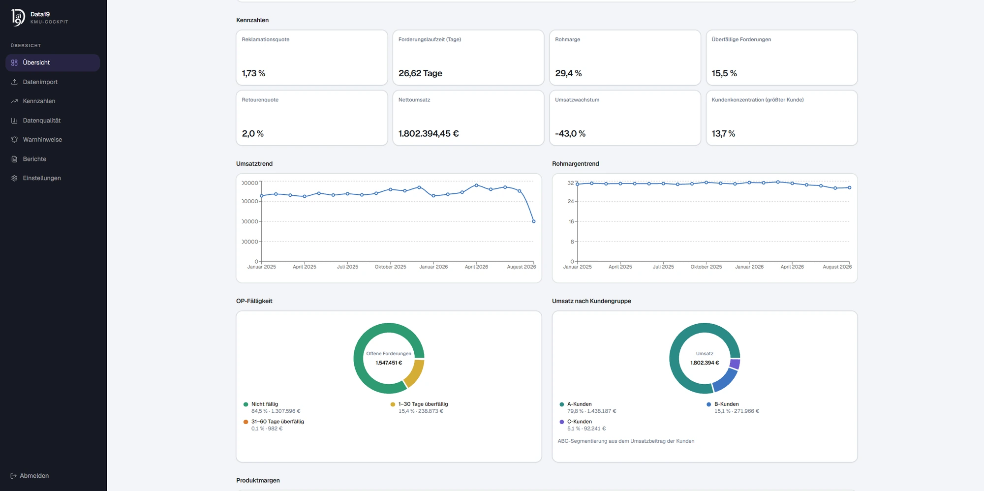 Data19 Cockpit mit Umsatztrend, Rohmargentrend, offenen Posten und Kundensegmentierung